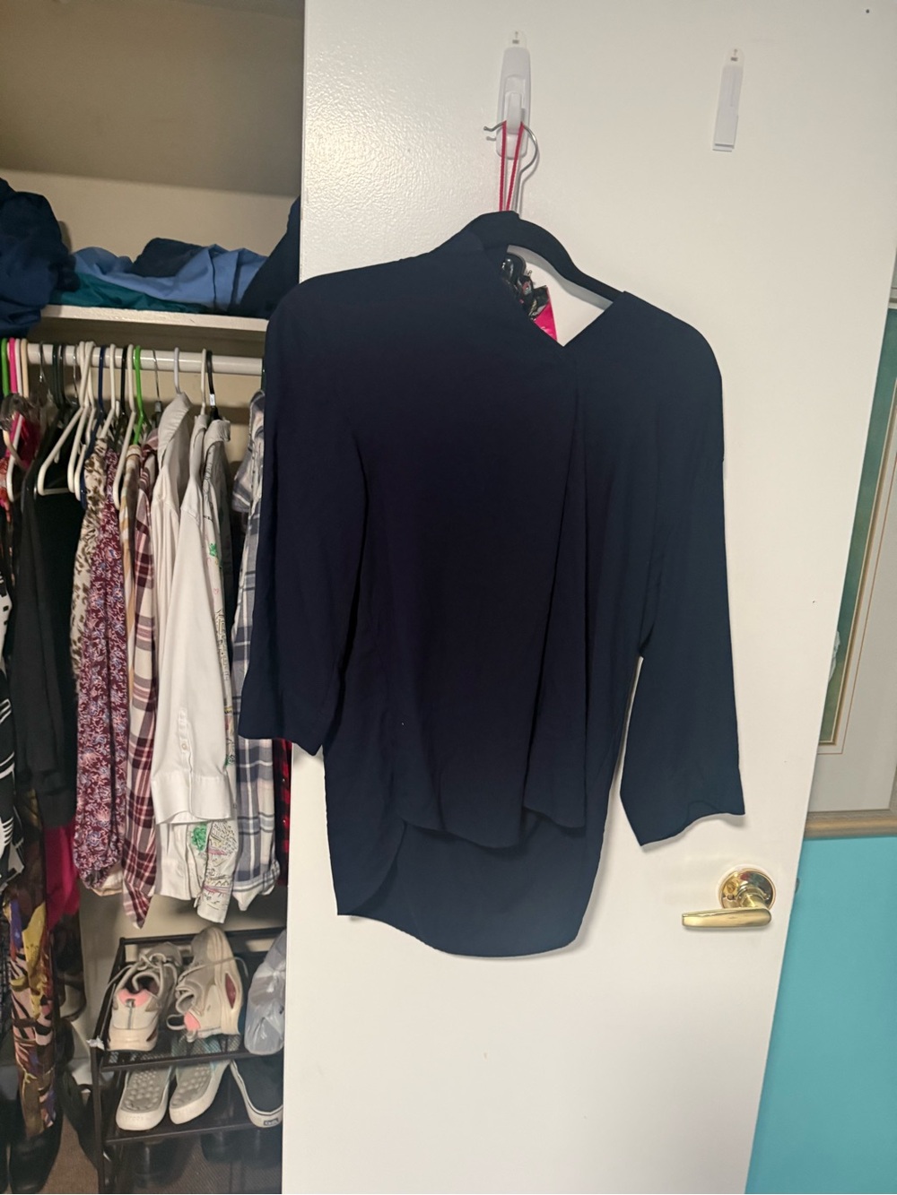 Uniqlo Navy Asymmetrical Draped Blouse